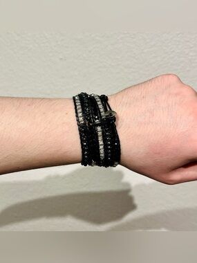 Handcrafted Black Beaded Wrap Bracelet with Silver Accents